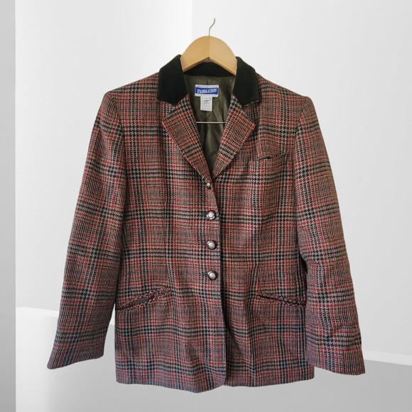 Vintage Pendleton Tartan Plaid Red Green Wool Velvet ‎ Blazer 8 - Picture 1 of 5